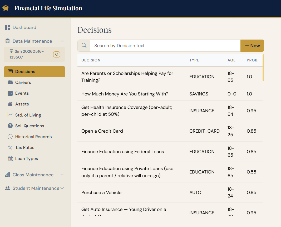 Data Maintenance page for editing decisions and events