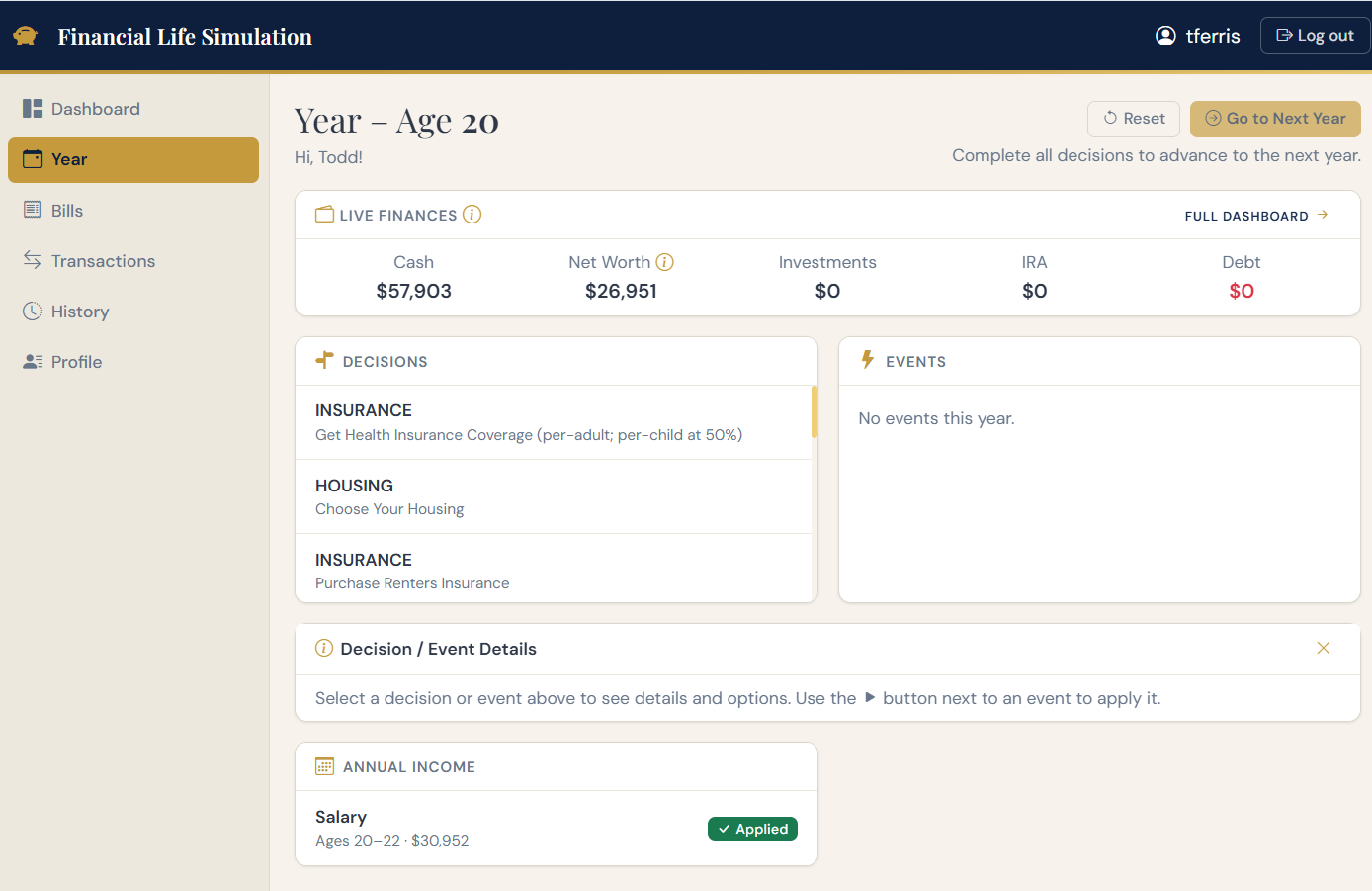 Annual decisions page showing housing, transportation, and investment choices